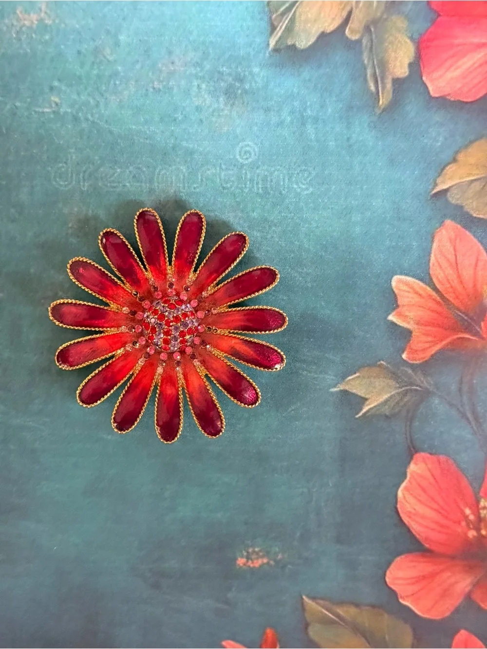 Red Floral Enamel Brooch.